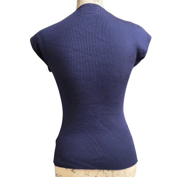 Lesley Evers Womens M/L Solid Navy Blue Ribbed Blouse Top Stretch Deep V Neck - Picture 5 of 10